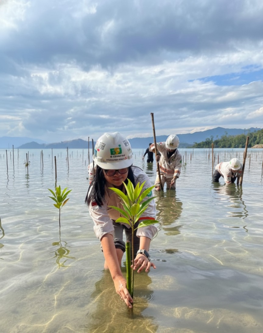 Seorang petugas PT Bumi Sentosa Jaya (BSJ) menanam bibit mangrove di pesisir Desa Boedingi, Kecamatan Lasolo Kepulauan, Konawe Utara. Kegiatan ini merupakan bagian dari program rehabilitasi pesisir untuk menjaga ekosistem dan mencegah abrasi.