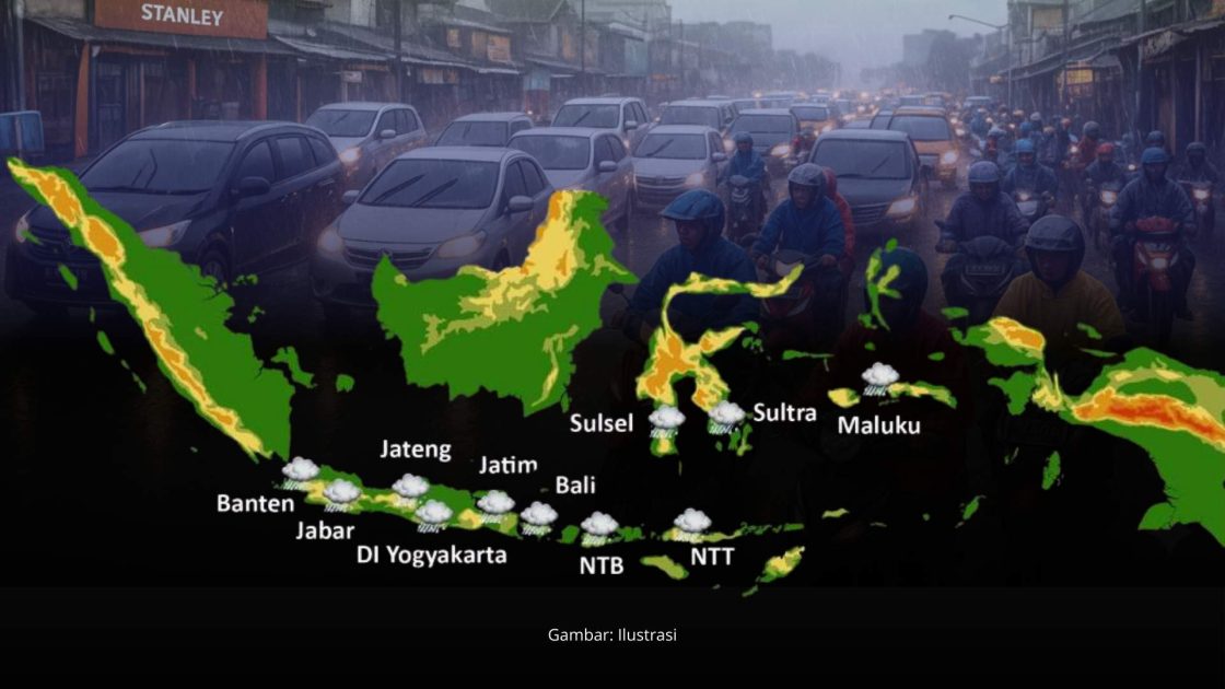 Ilustrasi peringatan dini cuaca Natal 2025 dari BMKG menunjukkan potensi hujan lebat dan cuaca ekstrem di Sulawesi Tenggara dan sejumlah wilayah Indonesia.