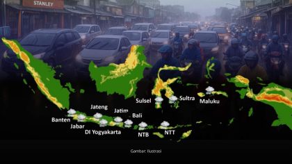 Ilustrasi peringatan dini cuaca Natal 2025 dari BMKG menunjukkan potensi hujan lebat dan cuaca ekstrem di Sulawesi Tenggara dan sejumlah wilayah Indonesia.