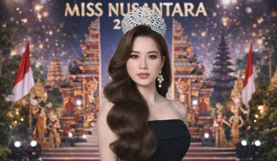Finalis Miss Nusantara 2026, Novila Eka mengenakan mahkota dan gaun hitam dengan latar panggung budaya Indonesia