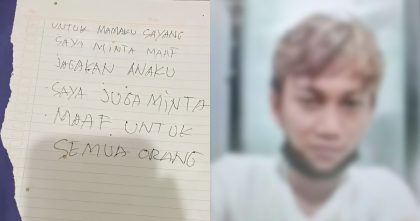 Surat berisi pesan permohonan maaf yang diduga ditinggalkan korban ditemukan di kamar kos di Kendari, disandingkan dengan foto korban yang diburamkan.
