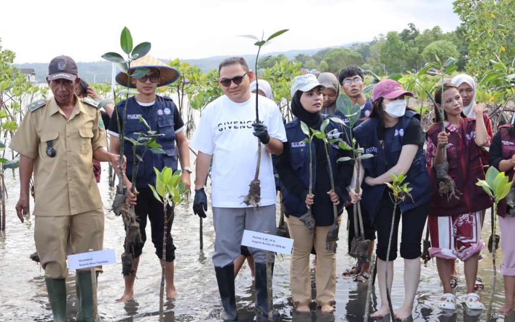 Jaelani bersama mahasiswa KKN Tematik UHO melakukan penanaman bibit mangrove di Desa Tapulaga, Kabupaten Konawe, untuk memperingati Hari Mangrove Sedunia 2026.